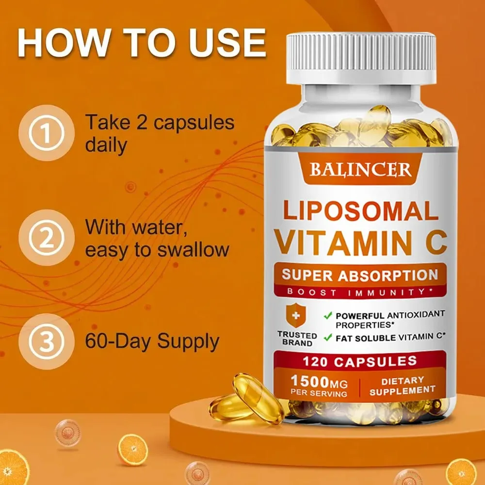 Vitamina C lipossomal 1500 mg de alta absorção, ácido ascórbico solúvel em gordura, suporte imunológico, reforço de colágeno e suplemento antioxidante