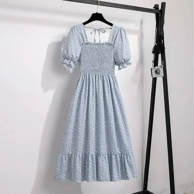 Spring Summer Chiffon Dresses Fashion Female Elastic Waist Short Sleeve Pleated Casual Dress Women A-line Dresses Vestidos — image 4