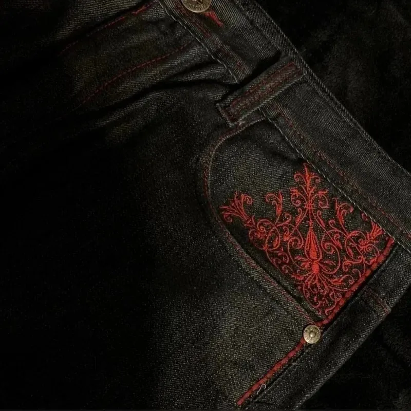 High Street Gothic Embroidered Men Black Red Pattern Y2K High Waist Jeans American Retro Street Couple Casual Pants — image 8