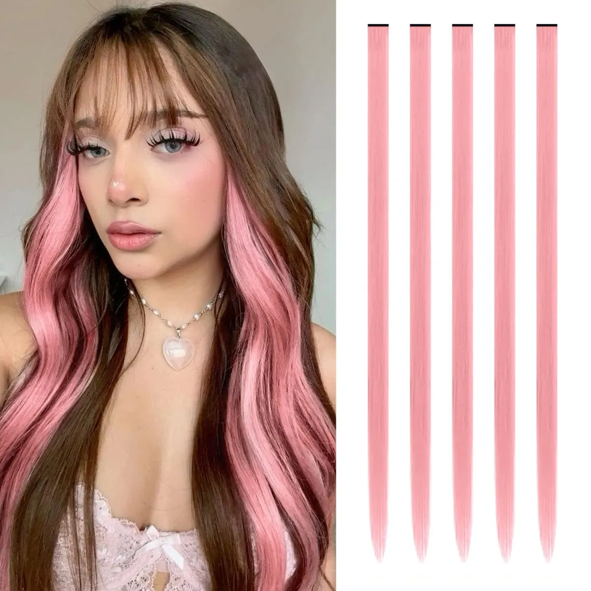 Synthetic 5PCS Colorful Hair Extensions Party Highlights Colorful Clip in Hair Extensions Straight Hairpieces for Women Girls — image 17