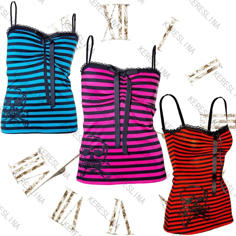 Millennial Style Y2K Skull Lace Bow Striped Halter Top Punk Goth Harajuku Style Top Summer Spice Girls Aesthetic Slim Streetwear — image 2