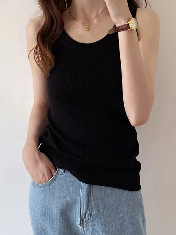 Summer Knitted Solid Color Tanks Top White Skinny Camisole Women Basic Camisole T-Shirt