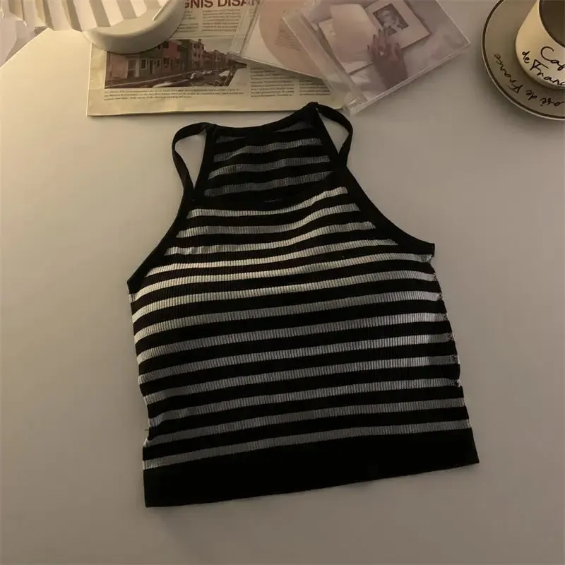 Women Spaghetti Strap Striped Tank Top Sleeveless Backless Summer Y2K Going Out Ribbed Cami Crop Tops — image 12