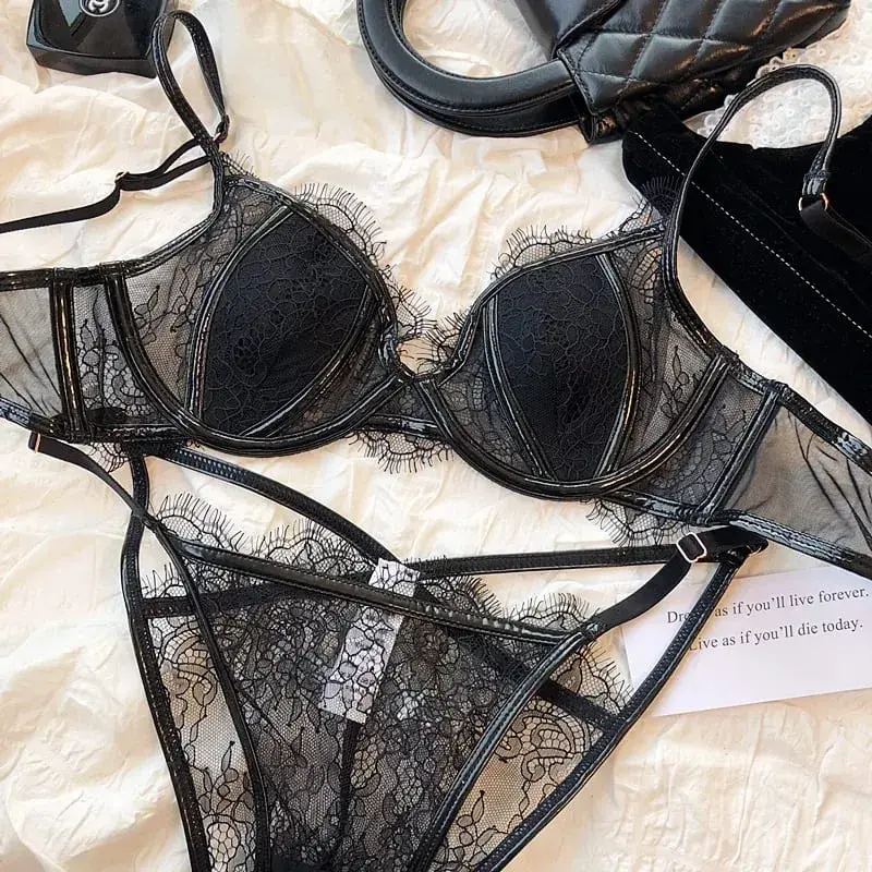 Summer Color Lace Underwear Set Sexy Thin Cup Breathable Bras Women Hollow Panties Set Female Deep V Push Up Brassiere Lingerie