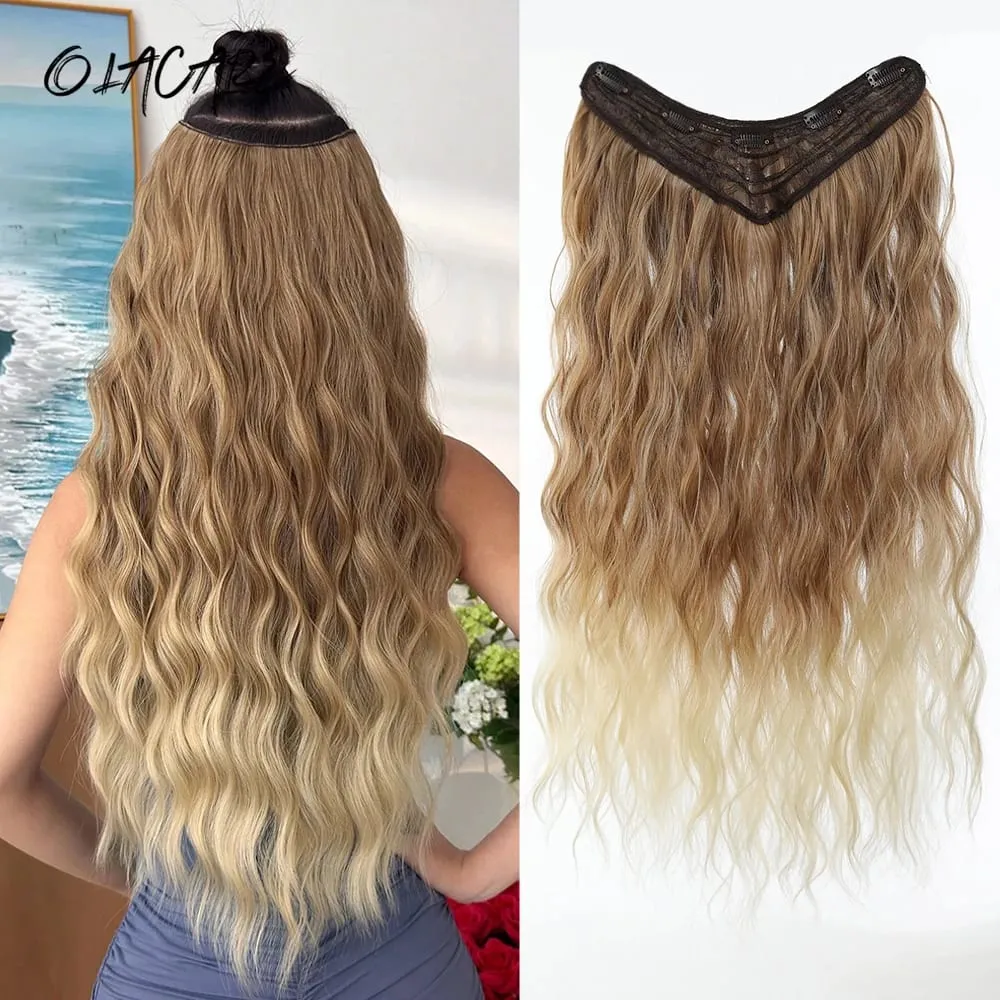 Synthetic Hairpiece 24 Inch Long Water Wave Wavy Clip In Hair Extensions V-Shaped Ombre Heat Resistant Fiber For Women Girls — image 2