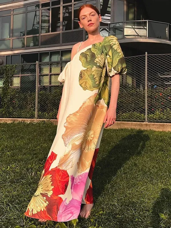 Women's Casual Printed Camisole Dress Fashionable Sloping Collar Off Shoulder Loose Dresses 2025 Summer Street New Outfit