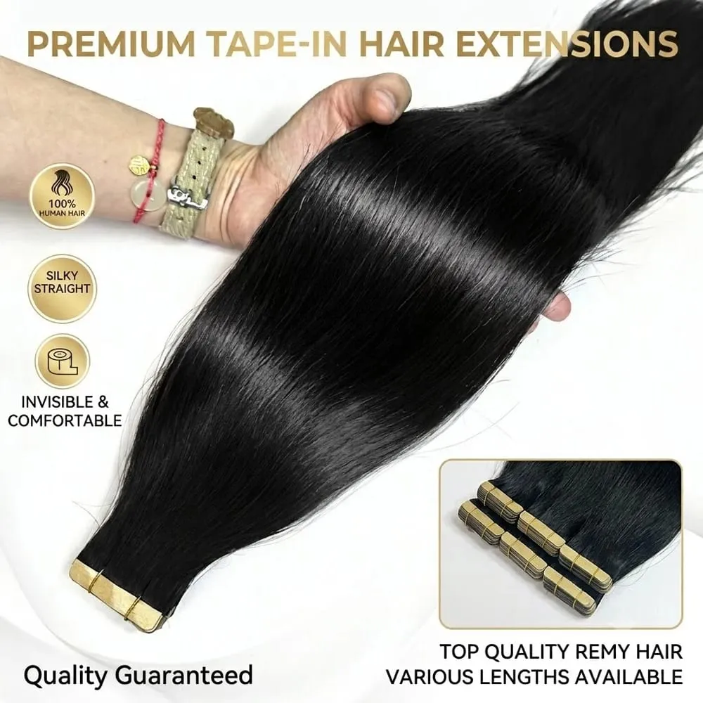 Tape In Real Human Hair Extensions Straight 18 24 Inch 1B Natural Black 50g/pack Color Invisible Seamless Skin PU Weft Tape Ins Extension For Women