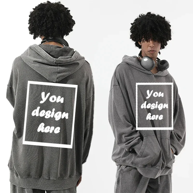 Men's personalized custom-printed washed vintage hooded warm sports wear thick 350 grams comfortable and warm. — image 3