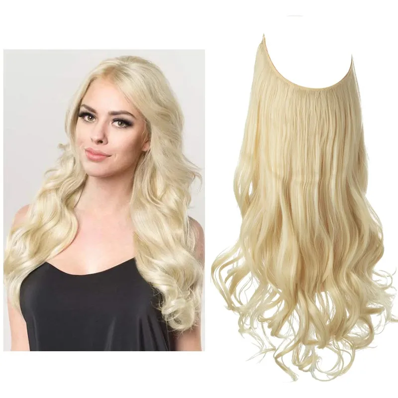 Synthetic No Clip Wave Hair Extensions Ombre Natural Blonde One Piece False Hairpiece Fish Line Fake Hair Piece