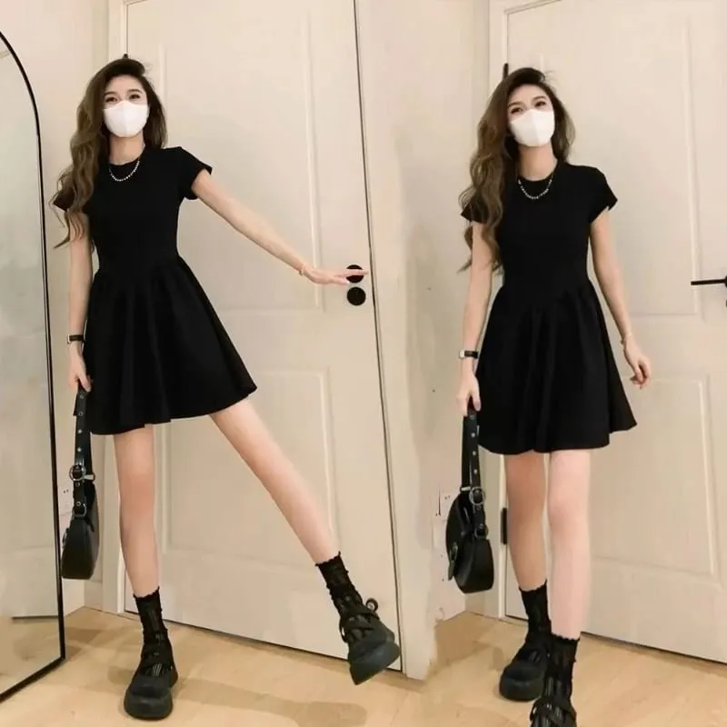 Petite Black Dress High-End Knit Spring Summer Cinched Waist A-Line Slimming O-Neck Short Sleeve Mini Stylish for Junior Ladies