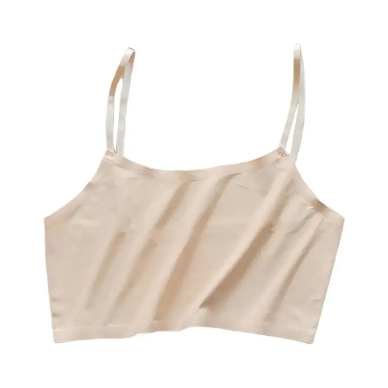 Women Girls Summer Ice Silk Crop Top Spaghetti Strap Seamless Bralette Solid Color Wire Free Basic Stretch Camisole Vest
