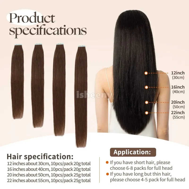 Isheeny 12" 16" 20" PU Skin Weft Tape Hair Extensions 10pcs Invisible Tape In Hair Extensions Straight Machine Remy Human Hair
