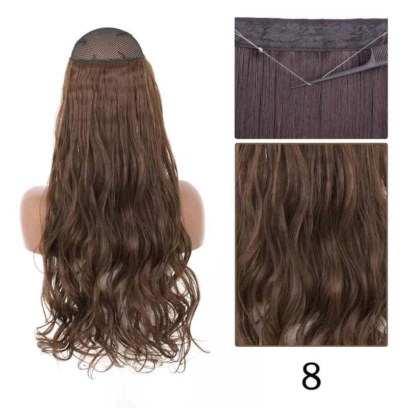 Synthetic No Clip Adjustable Fish Line Hair Extensions Natural Blonde Brown Long Wavy Heat Resiatant Hairpiece For Women