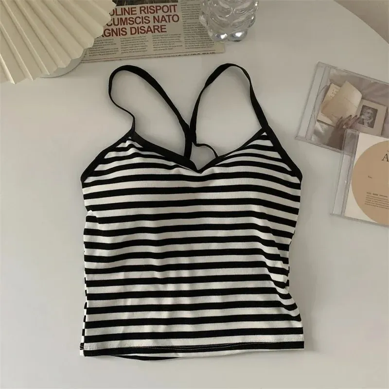 Korea Style Colorblock Striped Camisole Female Summer Cross Strap Built In Bra Omighty Camis Women Skinny Tank Top Dropshipping — image 6