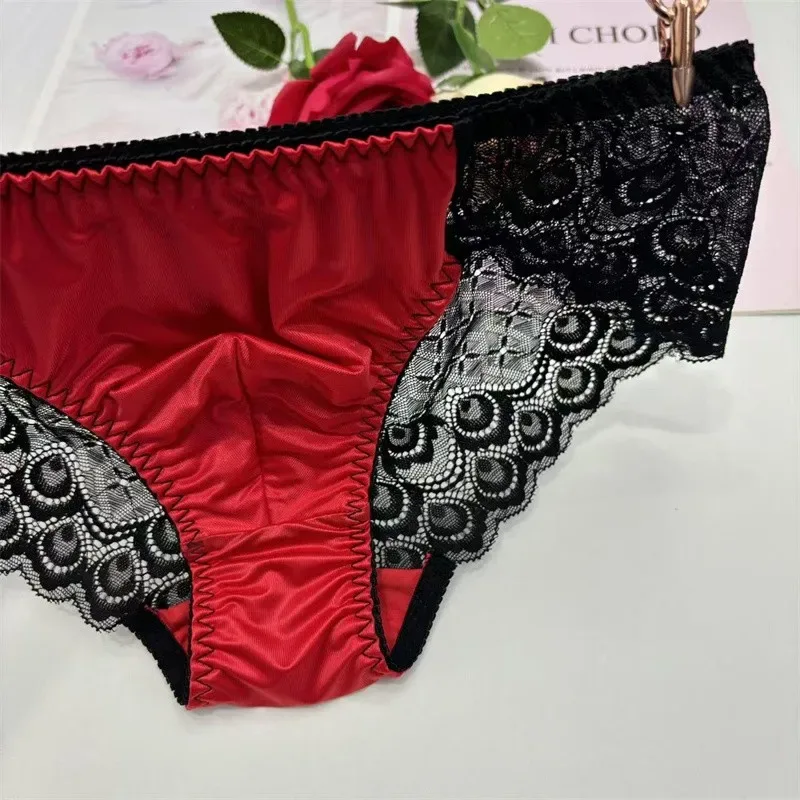 Sexy men underwear elasticity smooth underpants Transparent, breathable, Red lace Men's Briefs — image 3