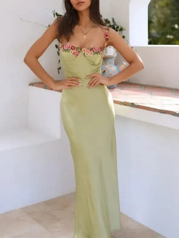 2024 Spring Summer New Women's Clothing Solid Color Embroidered Stitching Satin Sling Slim Dress — image 7