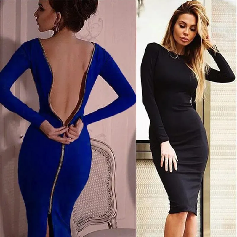 Spring new large size Bodycon dress Solid Color Round neck long sleeve Back zipper tight dress Female Fashion Clothes D1240 — image 4