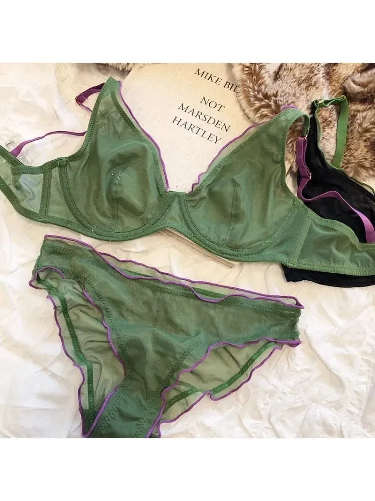 Sexy French Mesh Bra Panty Set Ultra Thin Underwire Push Up Minimizer Lingerie Support Triangle Cup for Large Chest Small Look — image 1