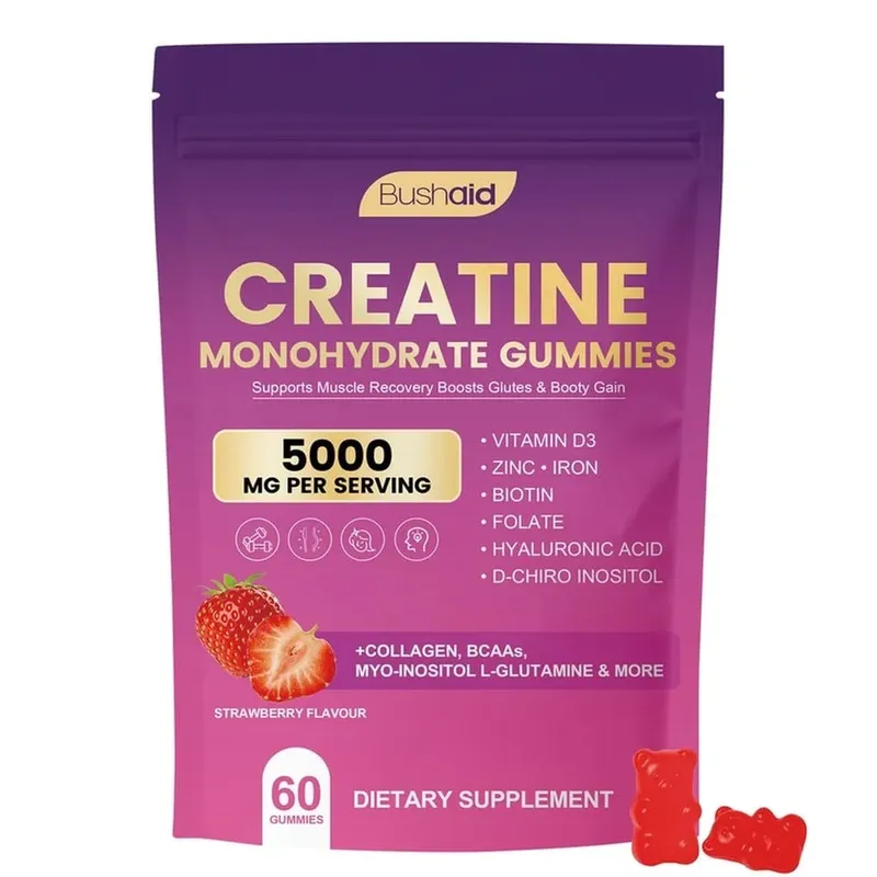 Gomas de monohidrato de creatina BushAid para recuperação muscular pós-treino com mistura de multicolágeno BCAA e zinco 60 gomas