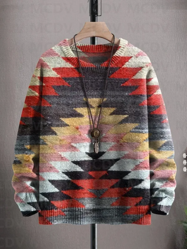 Vintage Pattern Print Knit Pullover Sweater Pambabae Para sa Lalaki Sweater — image 2