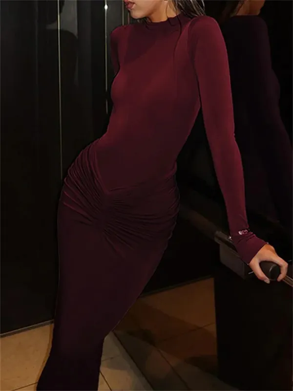 kliou Shirring Women Classic Maxi Dress Autumn New Solid Long Sleeve High Collar Body-shaping Vestidos Mujer Concise Trend Robe — image 7