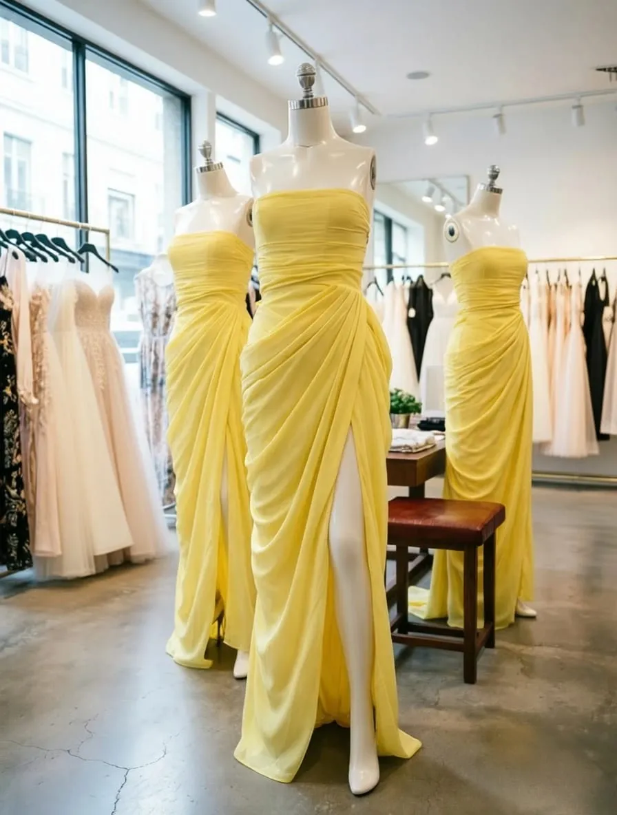 Mingmingxi lente zomer gele strapless maxi-jurk ruches hoge split avondjurk bodycon bruiloft gast feestjurk dames