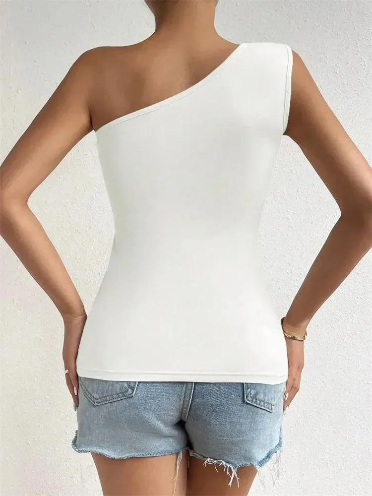 Women One Shoulder Pleated Tank Top Summer Solid Sleeveless Ruched T-shirt Streetwear Off the Shoulder Top