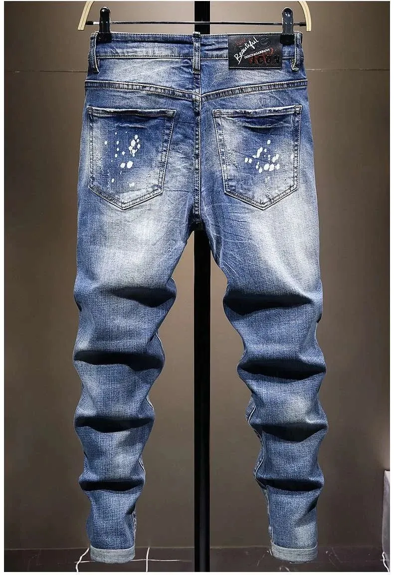 2024 Spring and Autumn Fashion Trend Printed Straight Leg Stretch Jeans Men's Casual Relaxed Breathable High-Quality Trousers