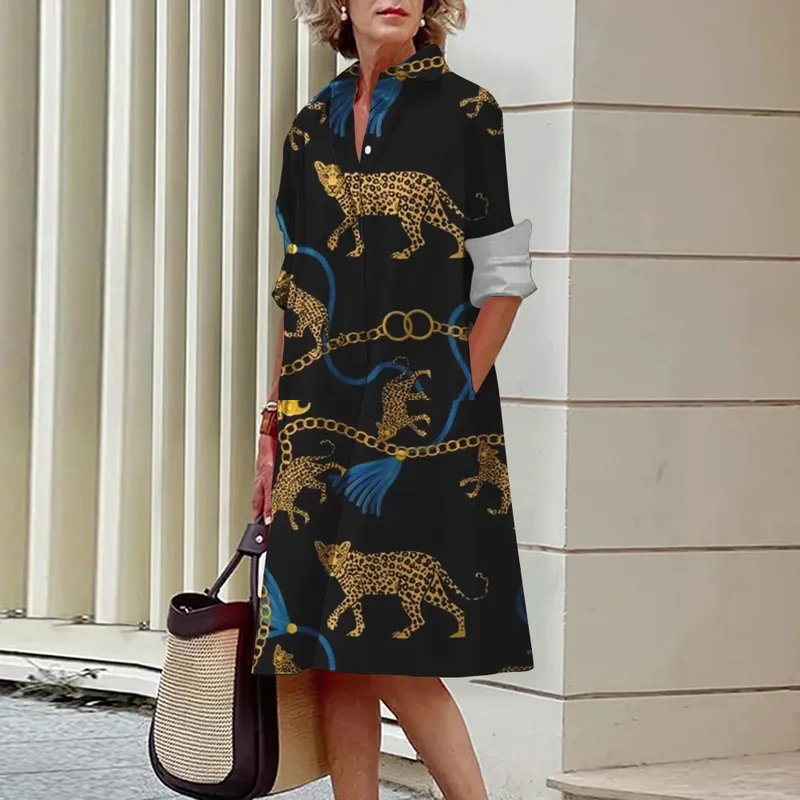2024 Elegant Ladies Long Sleeve Shirt Dress Lapel Button Exquisite Printing Mid-Length Dress Casual Loose Commuter Shirt Dresses — image 19