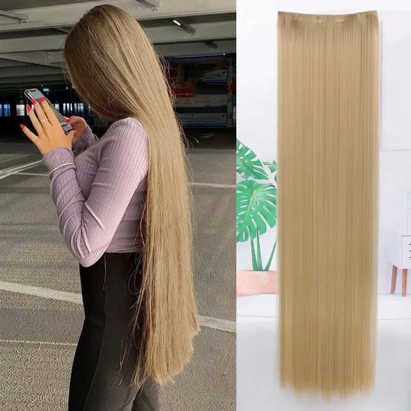 WTB Synthetic 100cm 5 Clip In Hair Extension Heat Resistant Long Straight Black Fake Hairpiece for Women Natural Fake Hair 5 Siz — image 20