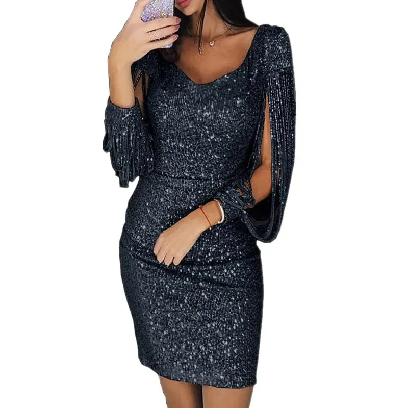 Mga Panggabing Dress para sa Babae Elegant Long Sleeve Sequin Mini Dresses Sexy Ruched Bodycon Sparkly Glitter Cocktail Party Dresses