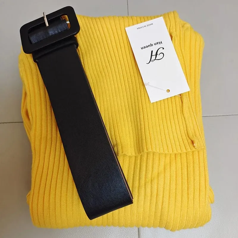 H Han Queen Knitted Bodycon Dress Bottoming Women Soft Elastic Turtleneck Sweater Autumn Winter Midi Party Dresses With Belt — image 9