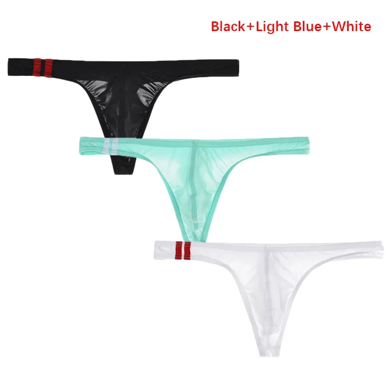 3Pcs/lot Sexy Underwear Men's T-Back Underpants Thongs G-String Ice Silk Breathable Male Bikini Panties U Convex Pouch Undies — image 23
