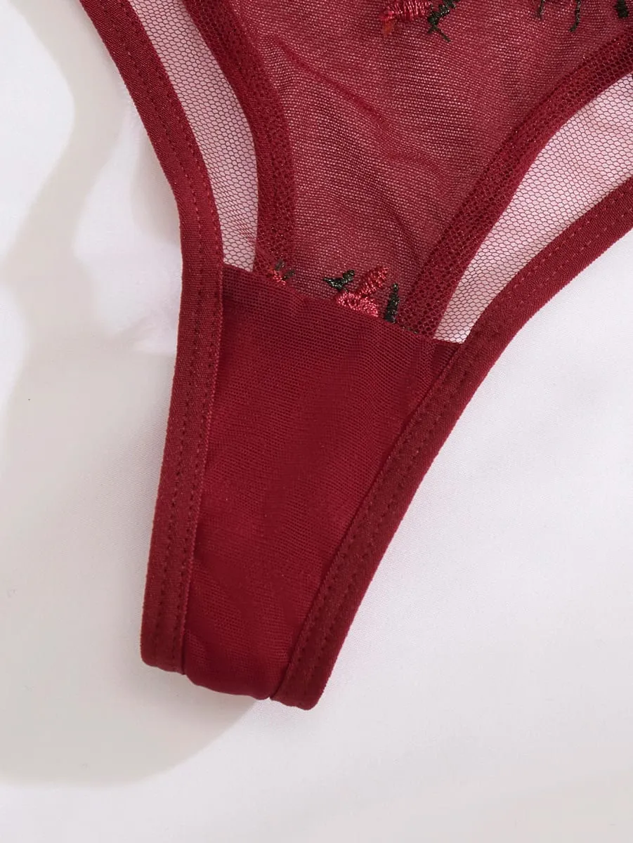 Ladies' Wine Red Heart-Shaped Design Embroidered Semi Transparent Comfortable Breathable Underwear Set Suitable ZA825026 — image 5