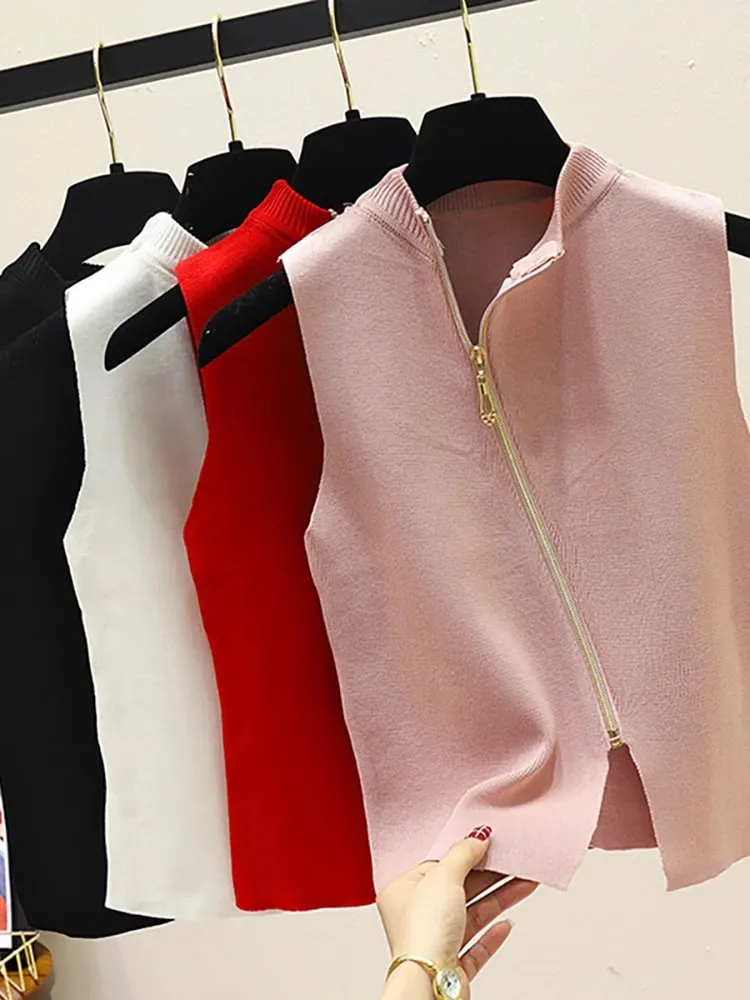 2026 Summer Spring zipper Knit Tank Top Cami Korean Camisole Elastic Vest O Neck Solid Color New Slim Breathable Tops White — image 1