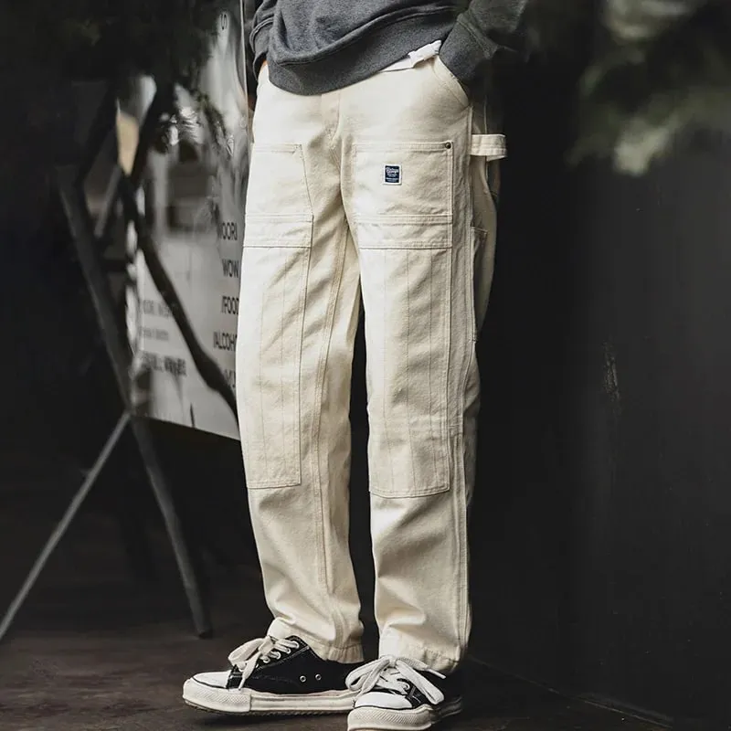 Maden Workwear American Retro Distressed Loose Off White Jeans Washed Straight Multi Pocket Woodcutter Pants Men