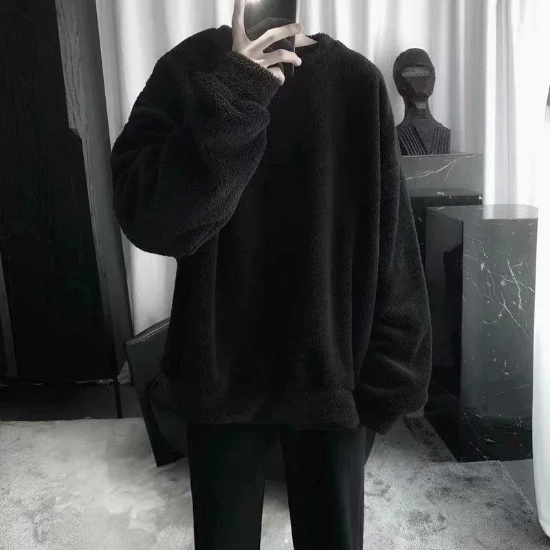 Oversize Sweatshirt Solid Color Lamb Hair O-Neck Long Sleeve Men's Sweatshirt Korean Fashion Loose Hoodies Streetwear Harajuku — image 6