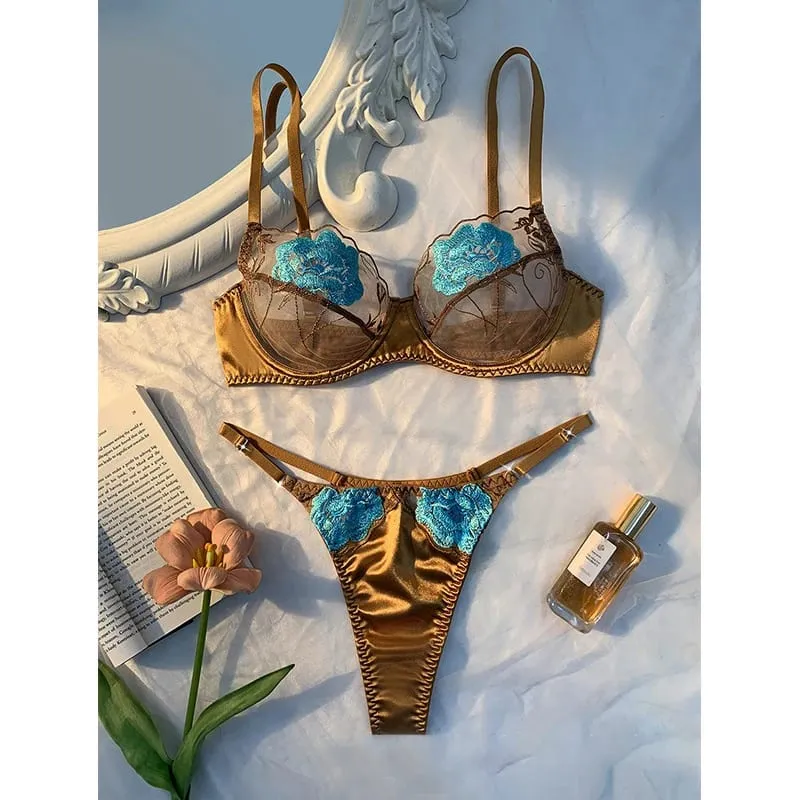 Sexy Bras for Women Fancy Lingerie Luxury Satin Underwear Delicate Embroidery Erotic Lingerie 2 Pieces Translucent Bralette Sets — image 2