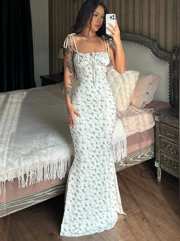 Hugcitar květinový potisk Bez rukávů Bez záda Šněrovací Maxi šaty Sexy Bodycon Léto Elegantní outfity Sváteční párty Velkoobchod — image 10