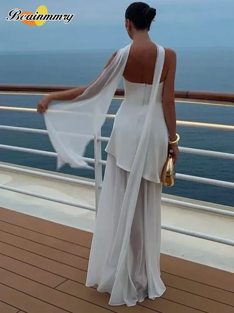 Elegant White Mesh Splicing Slim Women Strapless Dress Chic Scarf Neck Off Shoulder High Waist Long Dresses Lady Party Robes — image 3