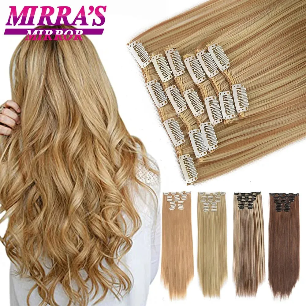 16 Clips in Hair Extensions 24Inchs Long Straight Hairstyle Synthetic Blonde Black Hairpieces Heat Resistant Fake Hair 6Pcs/Set — image 2