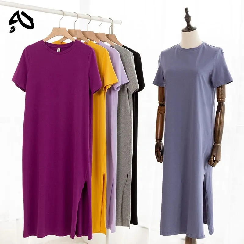 Original Casual 94% Cotton Summer Women's Dresses Solid Short Sleeve Spilt Long Midi Dress Fashion Sundress Female Clothing — image 1