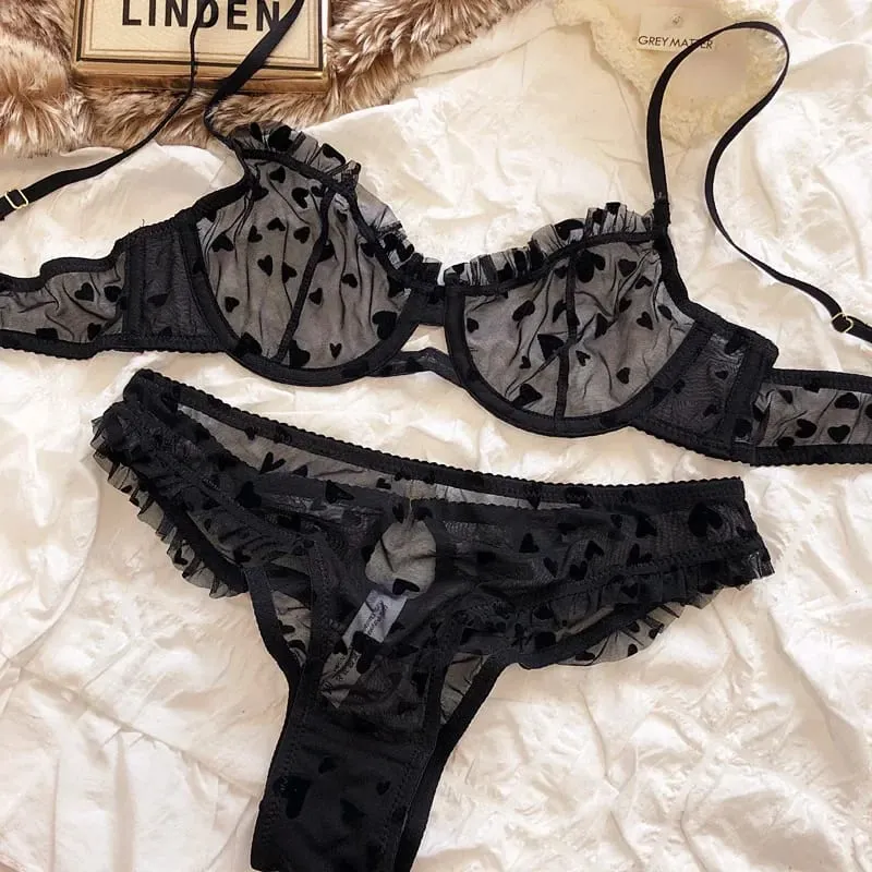 2 Pieces Lingerie Set Sexy Ultra Thin Breathable Brassiere for Women Push Up Bra Set Summer Mesh Romantic Peach Heart Intimates — image 7