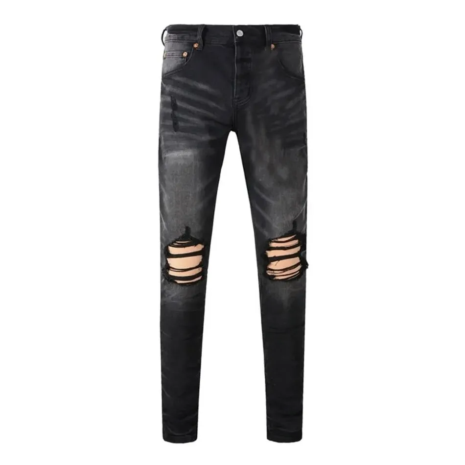 High Street Men's Jeans American Distressed Dark Black Coated Blank Stretch Skinny Button Fly Ripped Pants Trousers — image 1