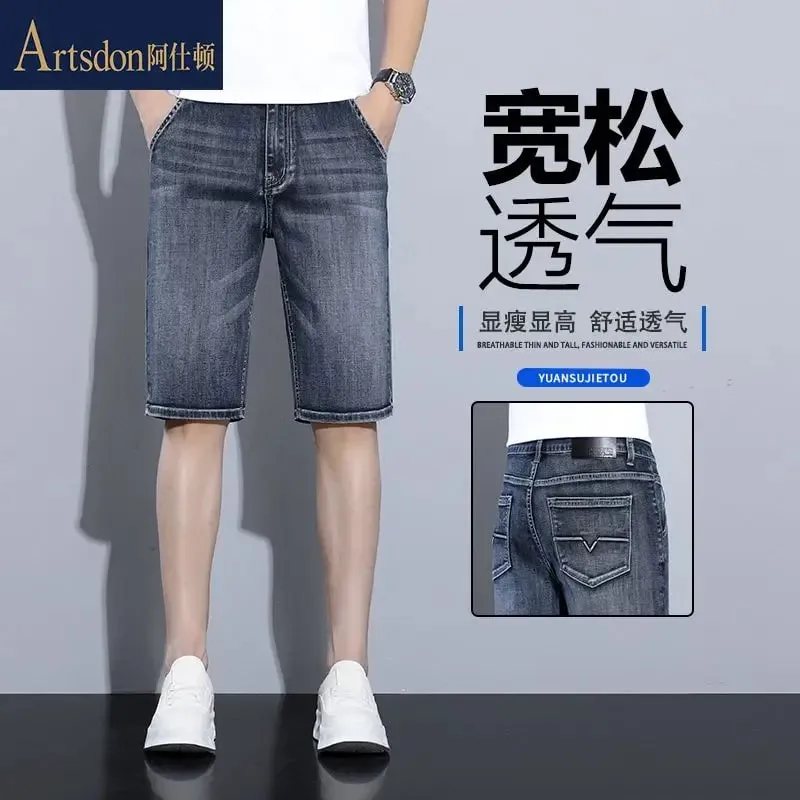 New Summer Men's Denim Thin Casual Pants Straight Leg Shorts Elastic Five Quarter Pants — image 2