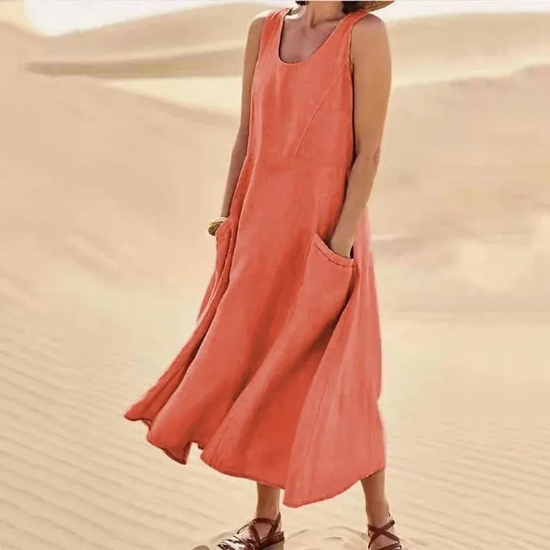Sleeveless Suspenders Cotton Linen Dress Women Side Double Pocket Splicing Solid Color Dresses Women Summer Casual Commuter Gown — image 4