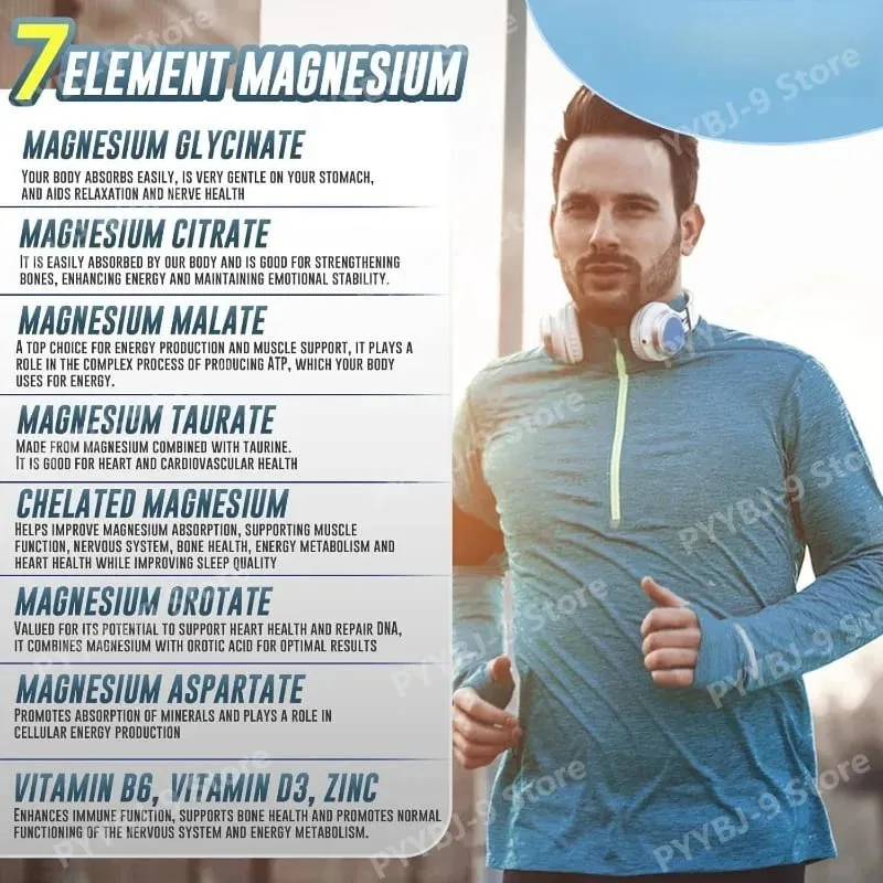 תוסף מגנזיום 7 קומפלקס עם גליצינאט ציטראט מלאט צ'לט אבץ ויטמין D3 B6 להקלה על שרירי שינה 60 כמוסות — image 3