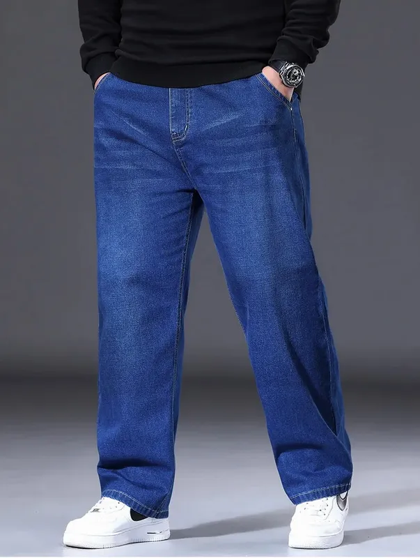 Jeans Melar Pria Ukuran 29-50 Celana Denim Kaki Lurus Celana Jalanan Biru Hitam Ukuran Besar Santai Cocok untuk Bekerja Kasual Baru