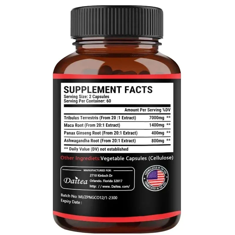 Daitea Tribulus + Maca Extract Capsules - Extra Strength 9600 Mg - Energy Endurance & Natural Energy Non-GMO — image 7