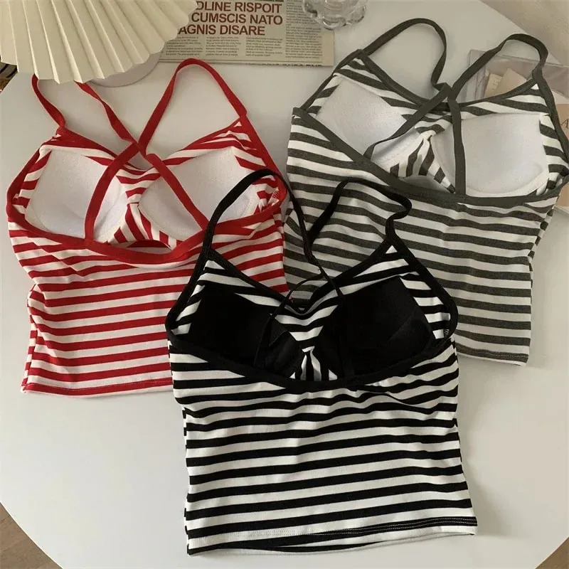 Korea Style Colorblock Striped Camisole Female Summer Cross Strap Built In Bra Omighty Camis Women Skinny Tank Top Dropshipping — image 3